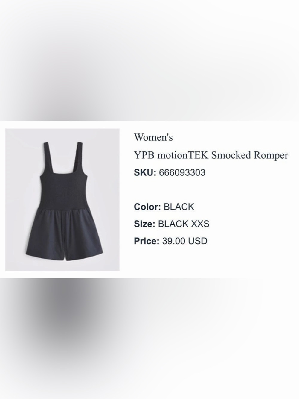 Abercrombie & Fitch YFB motionTEK Smocked Romper Black XXS Like New